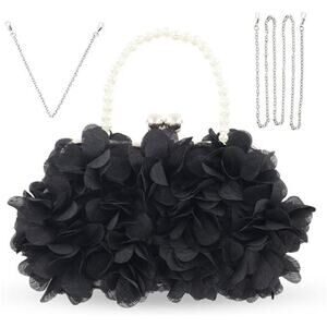 Elegant Black Evening Purse Small Floral Clutch Bag with Detachable Chain Strap